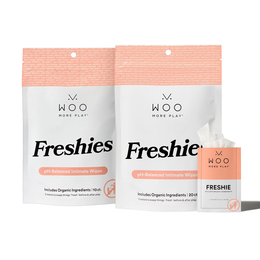 Woo More Play Freshies packaging shows discreet wipes for on-the-go freshness.
