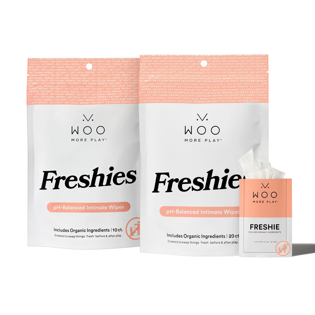 Woo More Play Freshies packaging shows discreet wipes for on-the-go freshness.