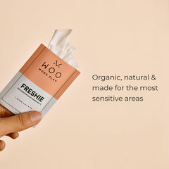 Woo More Play Freshies wipe in individual wrap highlights portable cleansing during sensitive moments.