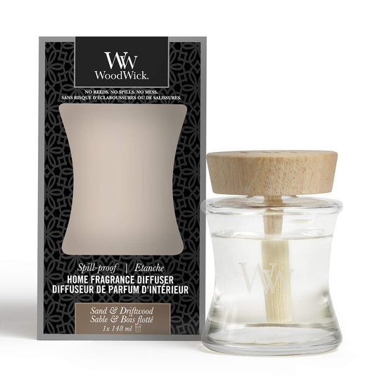 WoodWick Spill-Proof Diffuser Sand and Driftwood delivers coastal ambiance with long-lasting fragrance