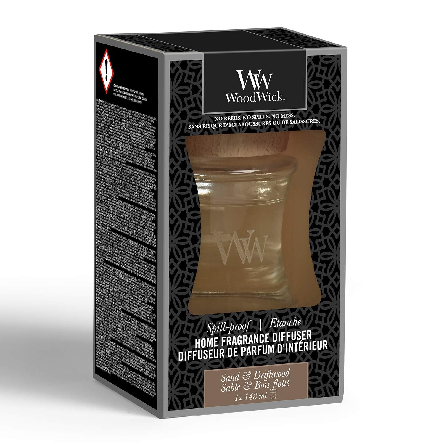 WoodWick Spill-Proof Diffuser Sand & Driftwood creates calm coastal mood everywhere