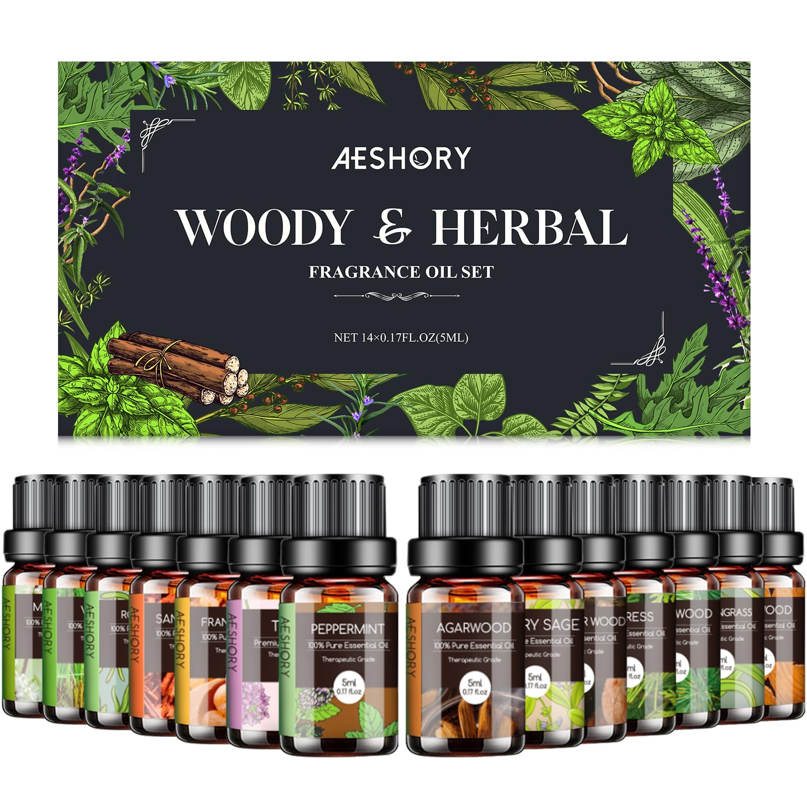 Woody & Herbal Essential Oils Set with 14 bottles of 5ml each