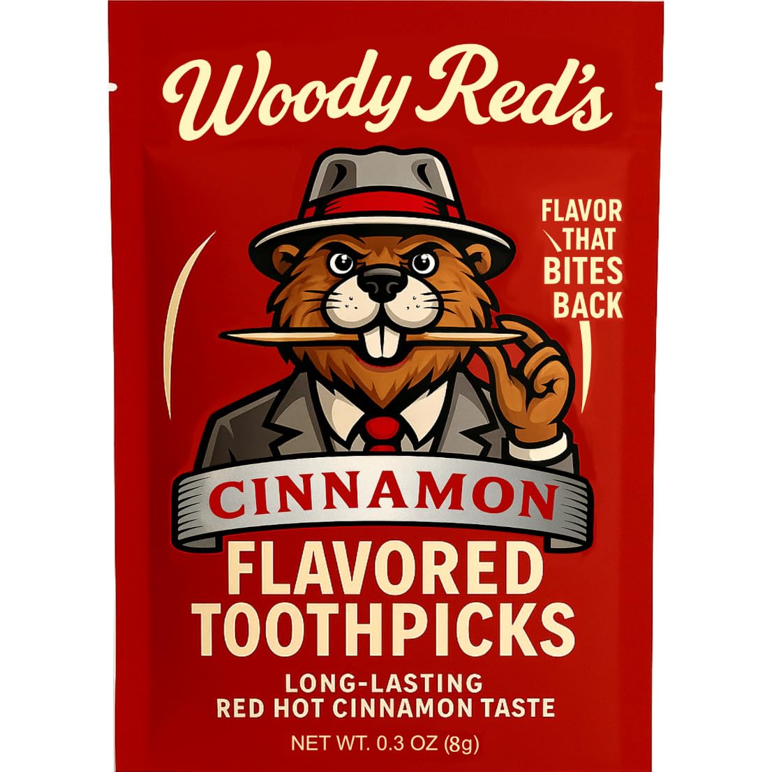 Cinnamon toothpicks in Woody Red's Flavored Hot Picks package