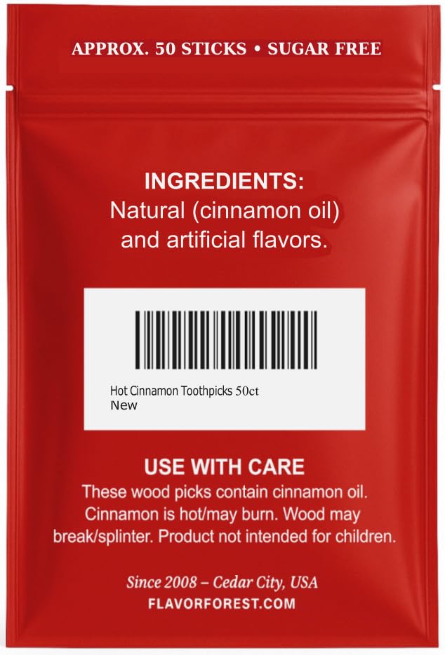 50-count resealable pack of cinnamon toothpicks with hot cinnamon flavor