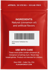 50-count resealable pack of cinnamon toothpicks with hot cinnamon flavor