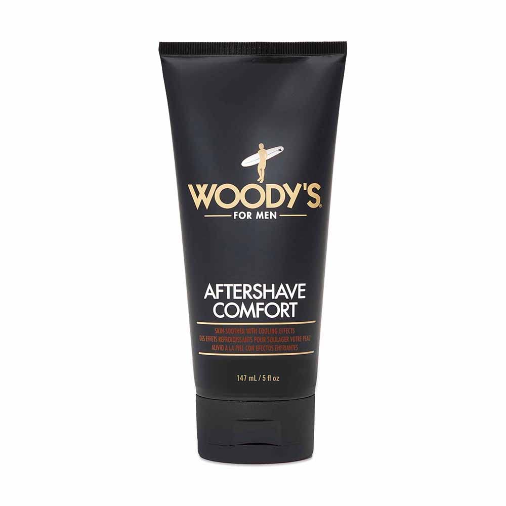 Woody's After Shave Balm bottle close-up showing soothing hydration.