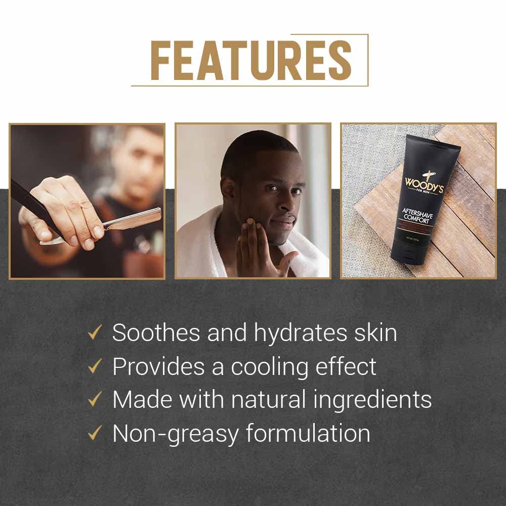 Woody's After Shave Balm packaging emphasizing clean, non-greasy formula.
