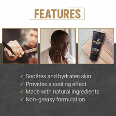 Woody's After Shave Balm packaging emphasizing clean, non-greasy formula.