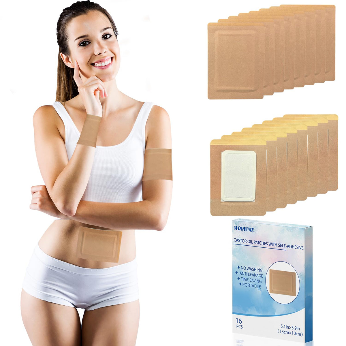 Front view of WOOWME Castor Oil Patches 16-count