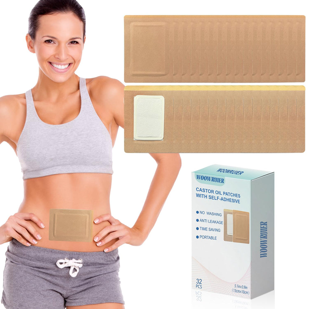 Set of 32 castor oil patches with anti-leakage cotton wrap, size 5.1 x 3.9 inches