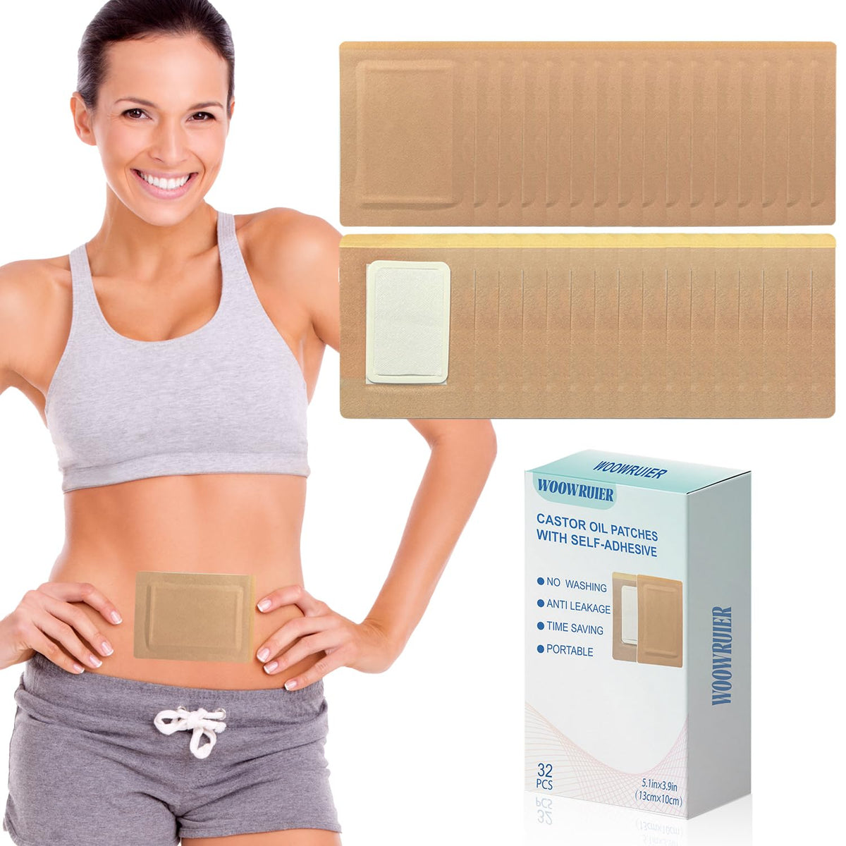 Set of 32 castor oil patches with anti-leakage cotton wrap, size 5.1 x 3.9 inches