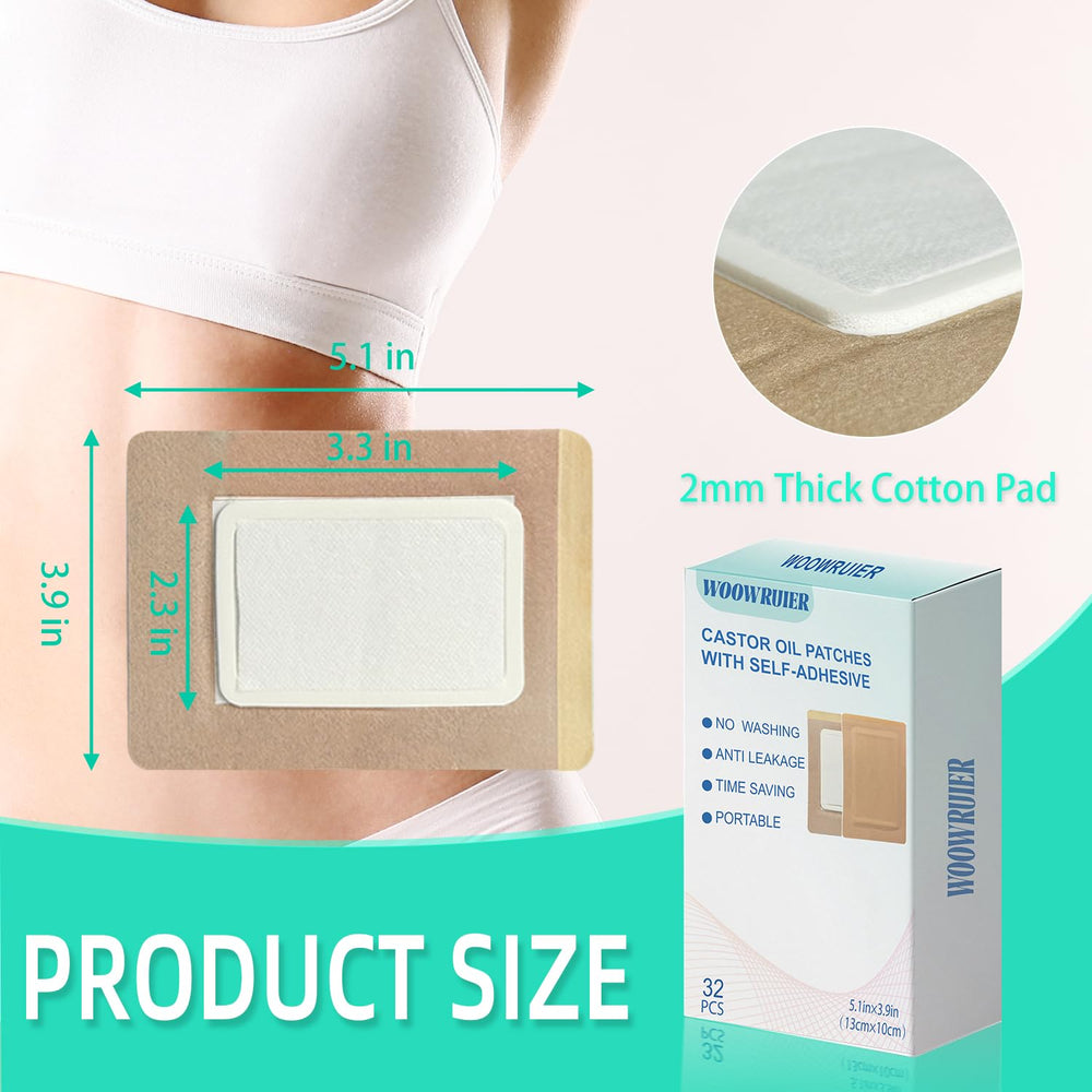 Castor oil patches arranged for belly, feet, and knee use