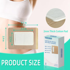 Castor oil patches arranged for belly, feet, and knee use