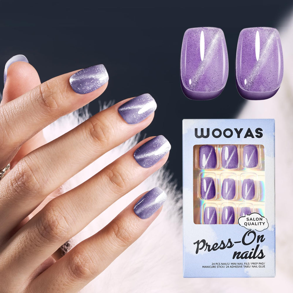 Wooyas 24-piece press-on nails kit shows 12 sizes for a precise, comfortable fit.