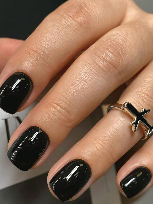 Wooyas black press-on nails short glossy square for salon-grade shine
