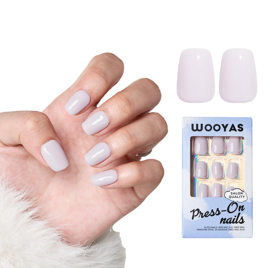 Wooyas glossy short nails in light grey square shape with salon-like finish at home