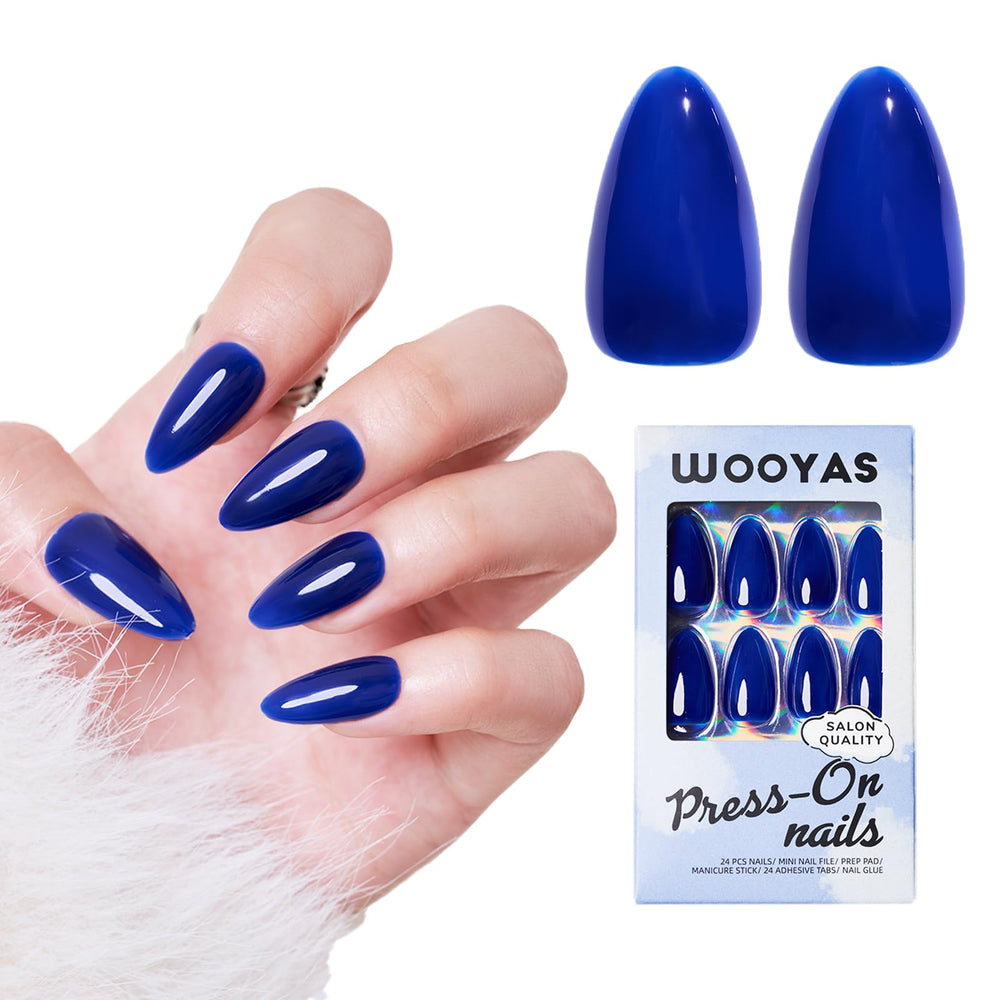 Wooyas royal blue almond press-on nails with soft gel finish for at-home salon results.