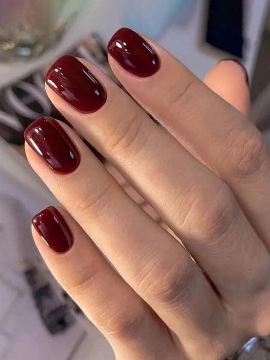 Wooyas press-on nails short square dark red with glossy gel finish for instant chic
