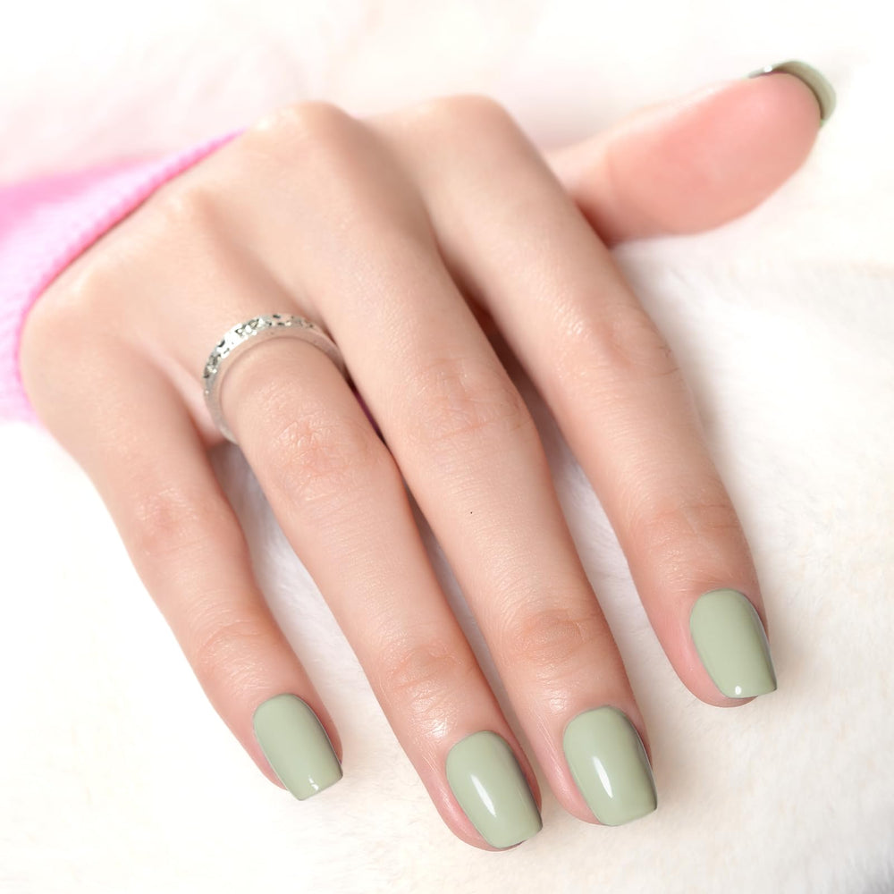 Wooyas press-on nails in matcha green deliver a durable, glossy finish for daily wear.