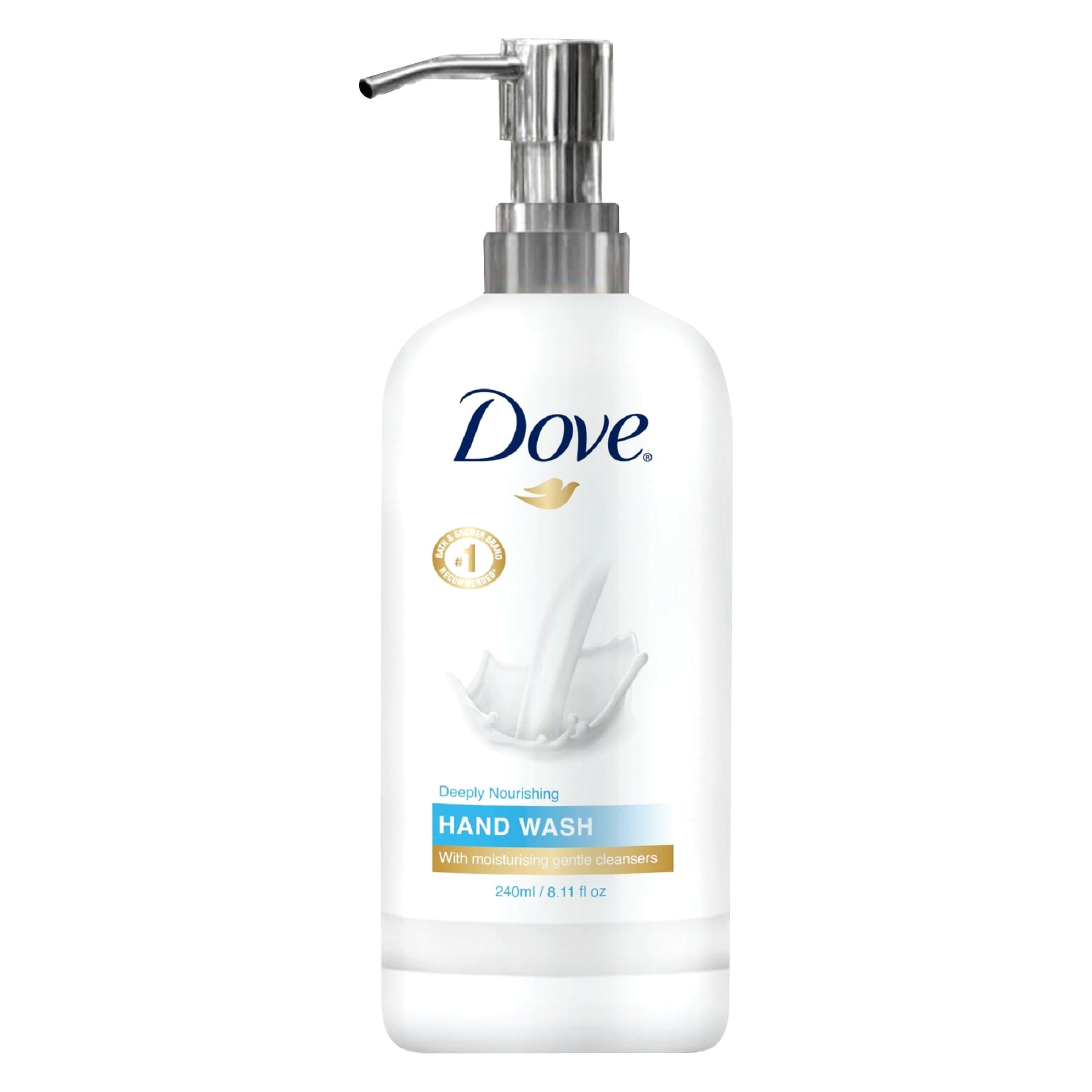 World Amenities Dove Hand Wash bottle with pump for long-lasting moisture.