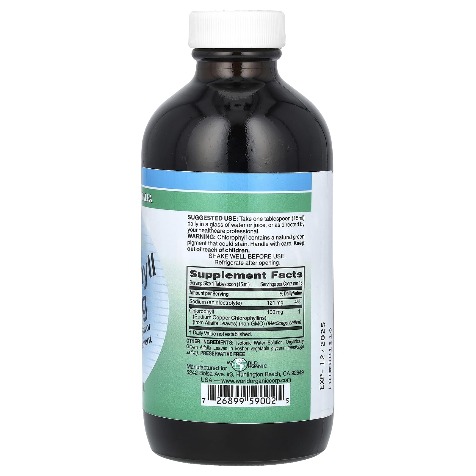 World Organic Chlorophyll Liquid 100mg bottle side view