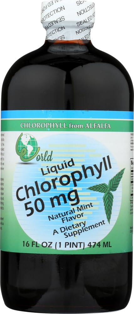 Front view of World Organic Liquid Chlorophyll Mint bottle, 50 mg, 16 fl oz