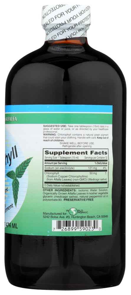 Product packaging and bottle for World Organic Liquid Chlorophyll Mint