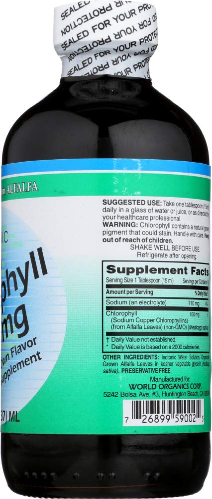 Back of World Organics Chlorophyll Liquid bottle showing nutrition facts