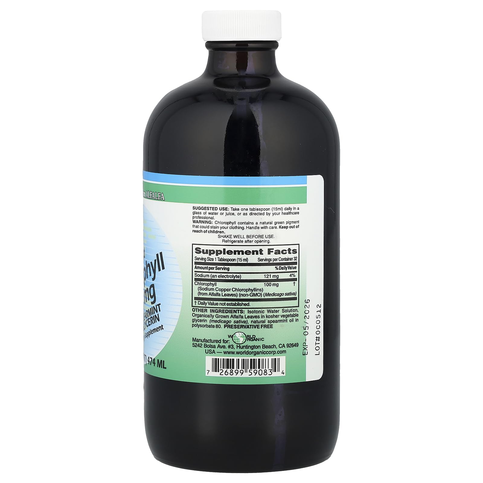 Chlorophyll product label showing 100 mg per serving