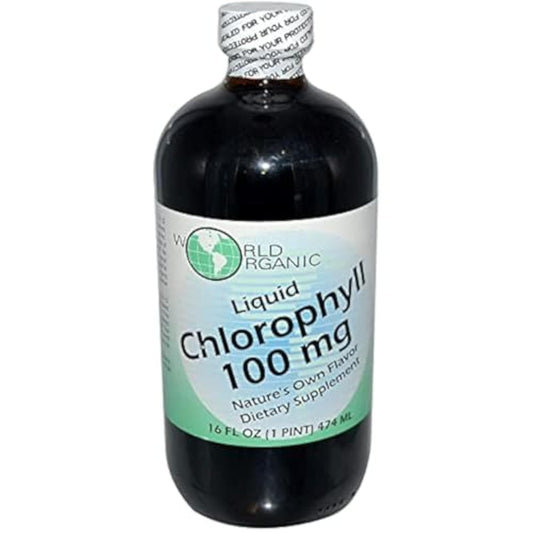 World Organics Organic Chlorophyll Liquid bottle derived from alfalfa leaves