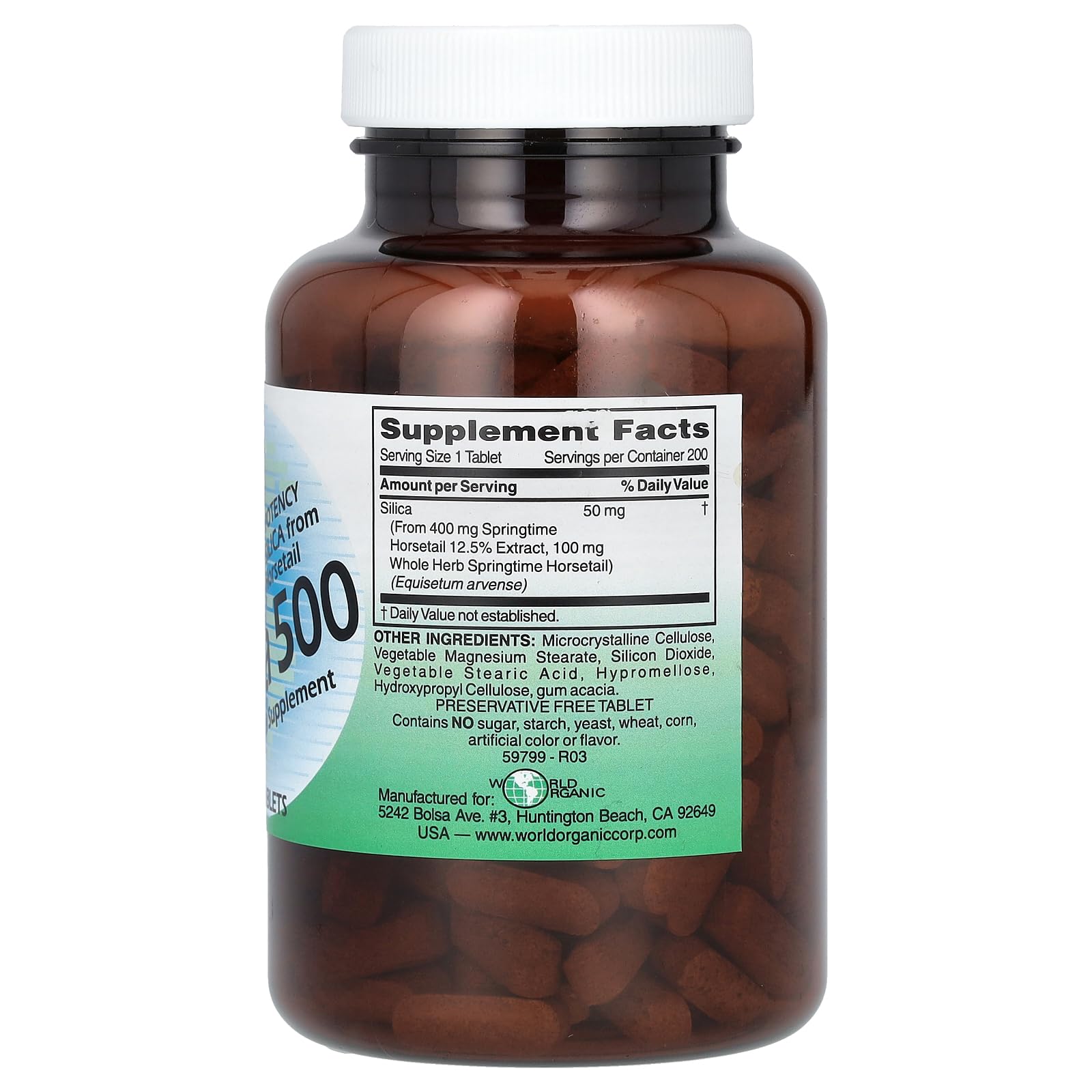 Close-up of World Organics Silica 500mg tablets