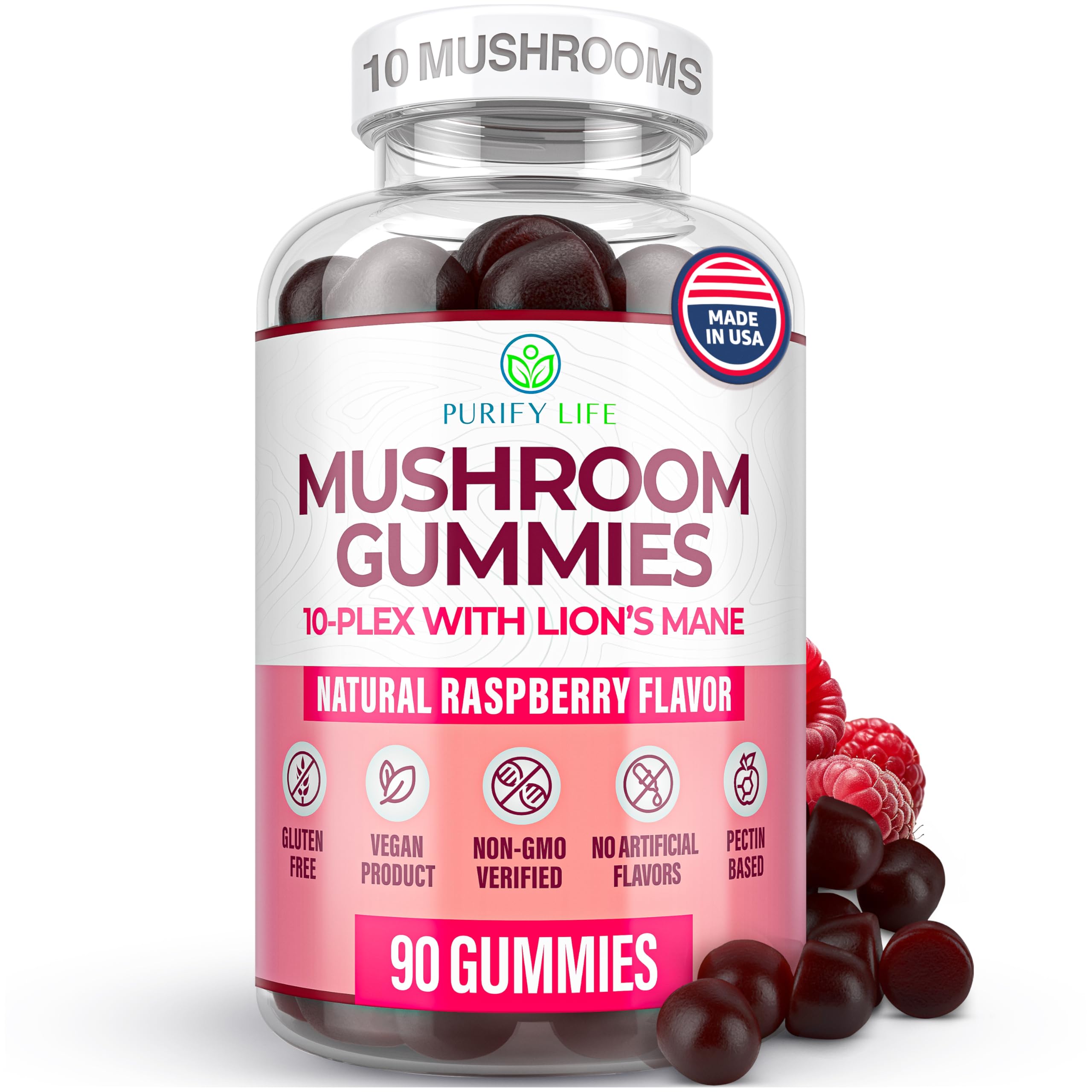Front view of World's First 10-Mushroom Gummies bottle