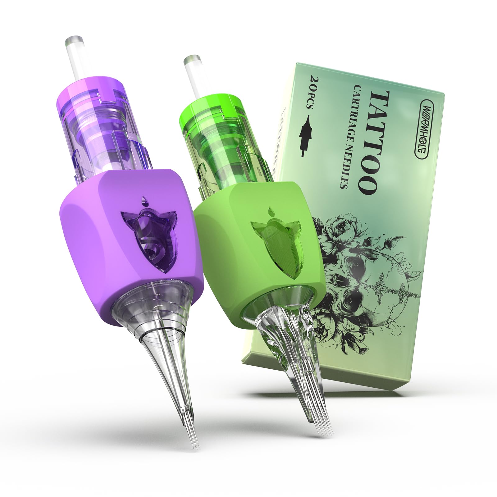 Wormhole Tattoo 20pc mixed-size cartridge needles for versatile setups and precise lines.