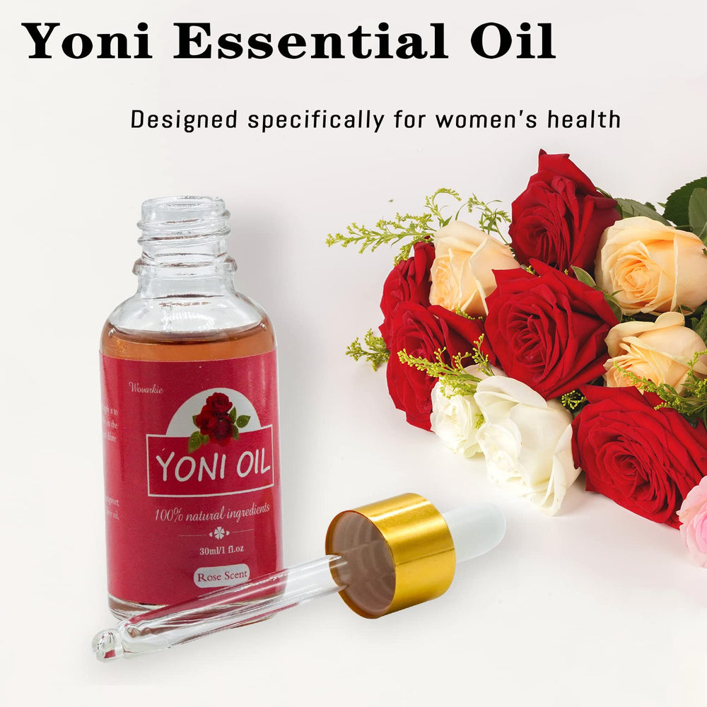 Wovarkie yoni oil bottle with drop demonstrates moisturizing action.