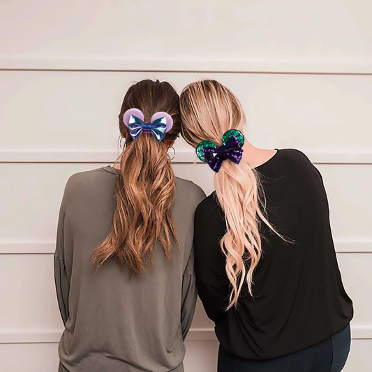 WOVOWOVO purple velvet scrunchies closeup sequin detail adds sparkle to outfits.
