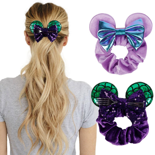 WOVOWOVO mouse ear scrunchies in purple velvet front view for secure ponytail wear.