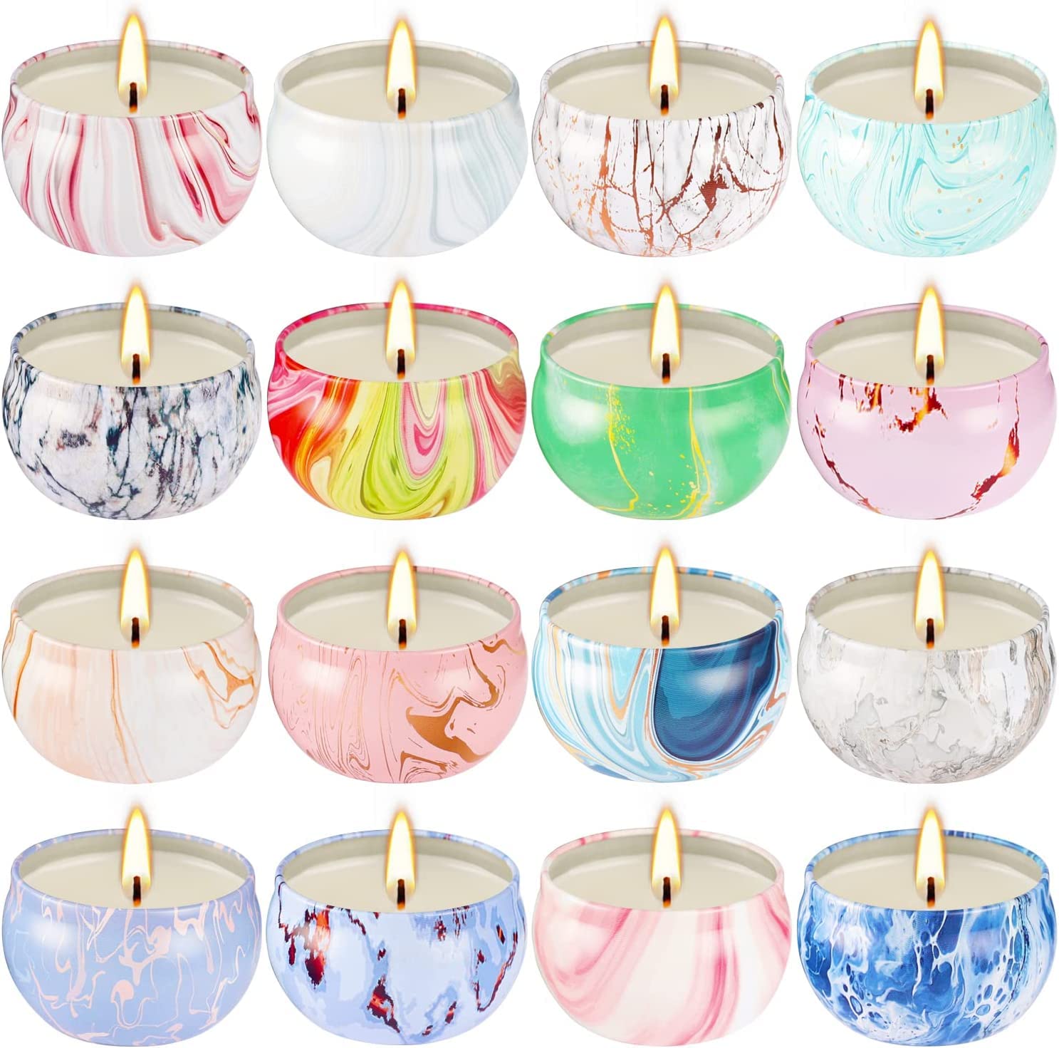 Flat lay of all 16 candle fragrances