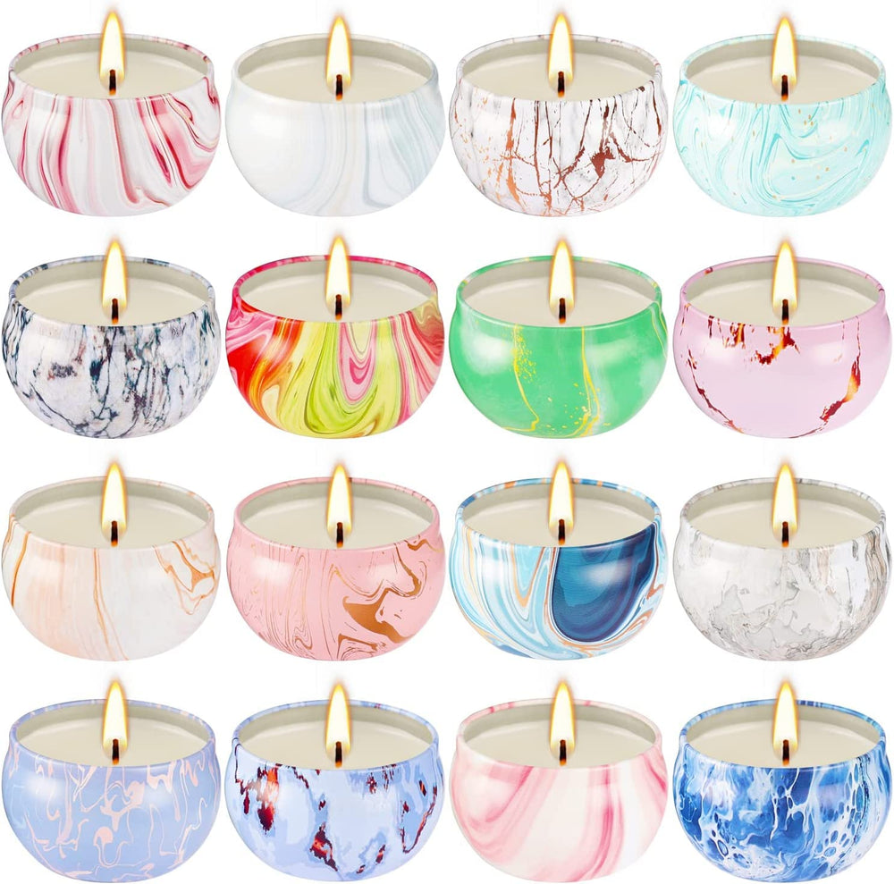 Flat lay of all 16 candle fragrances