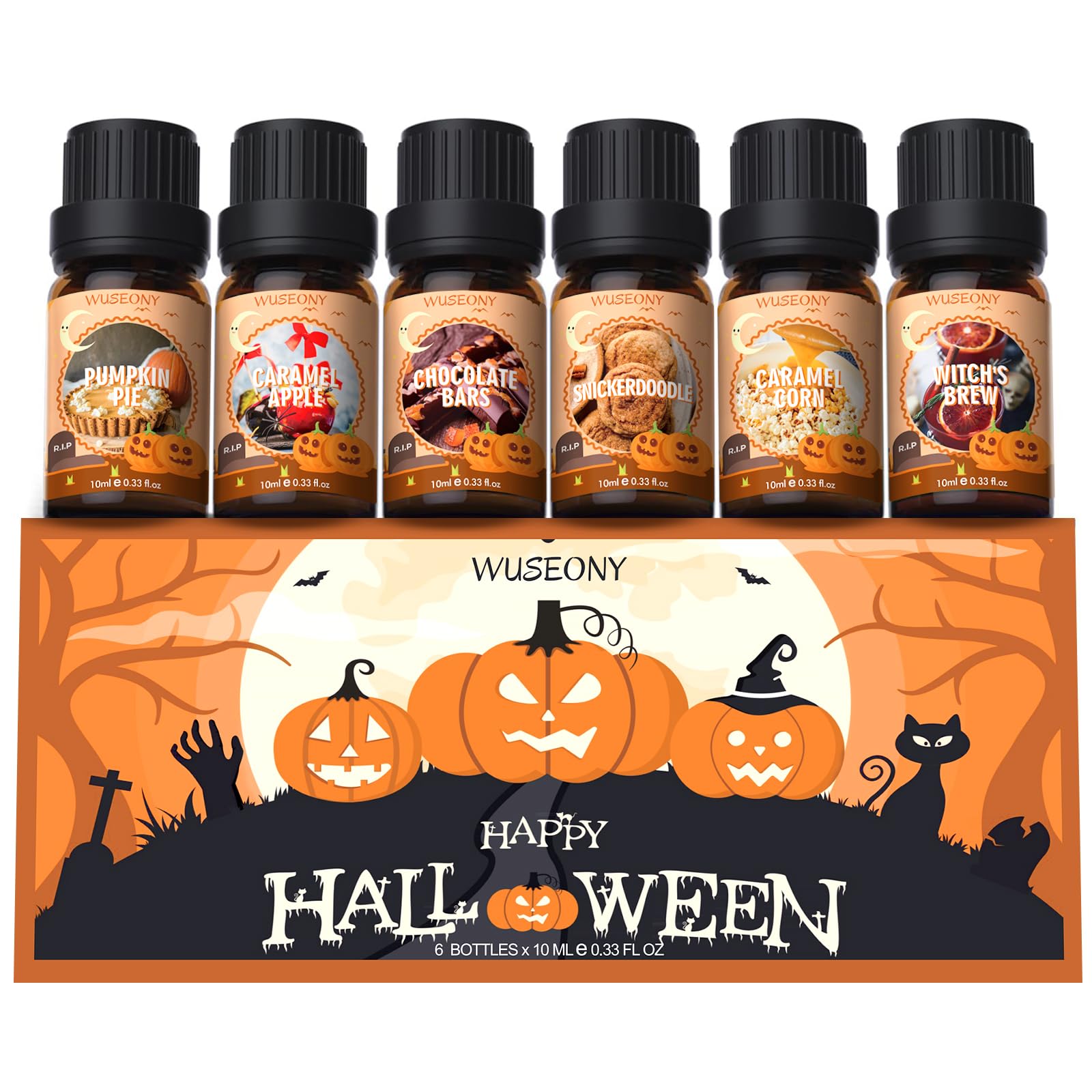 WUSEONY front packaging showing the six Halloween fragrance bottles and gift-ready box benefit
