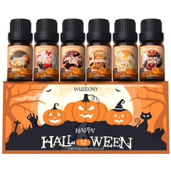 WUSEONY front packaging showing the six Halloween fragrance bottles and gift-ready box benefit