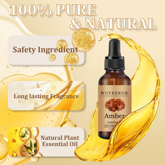 Close-up of steam-distilled amber essential oil in amber bottle