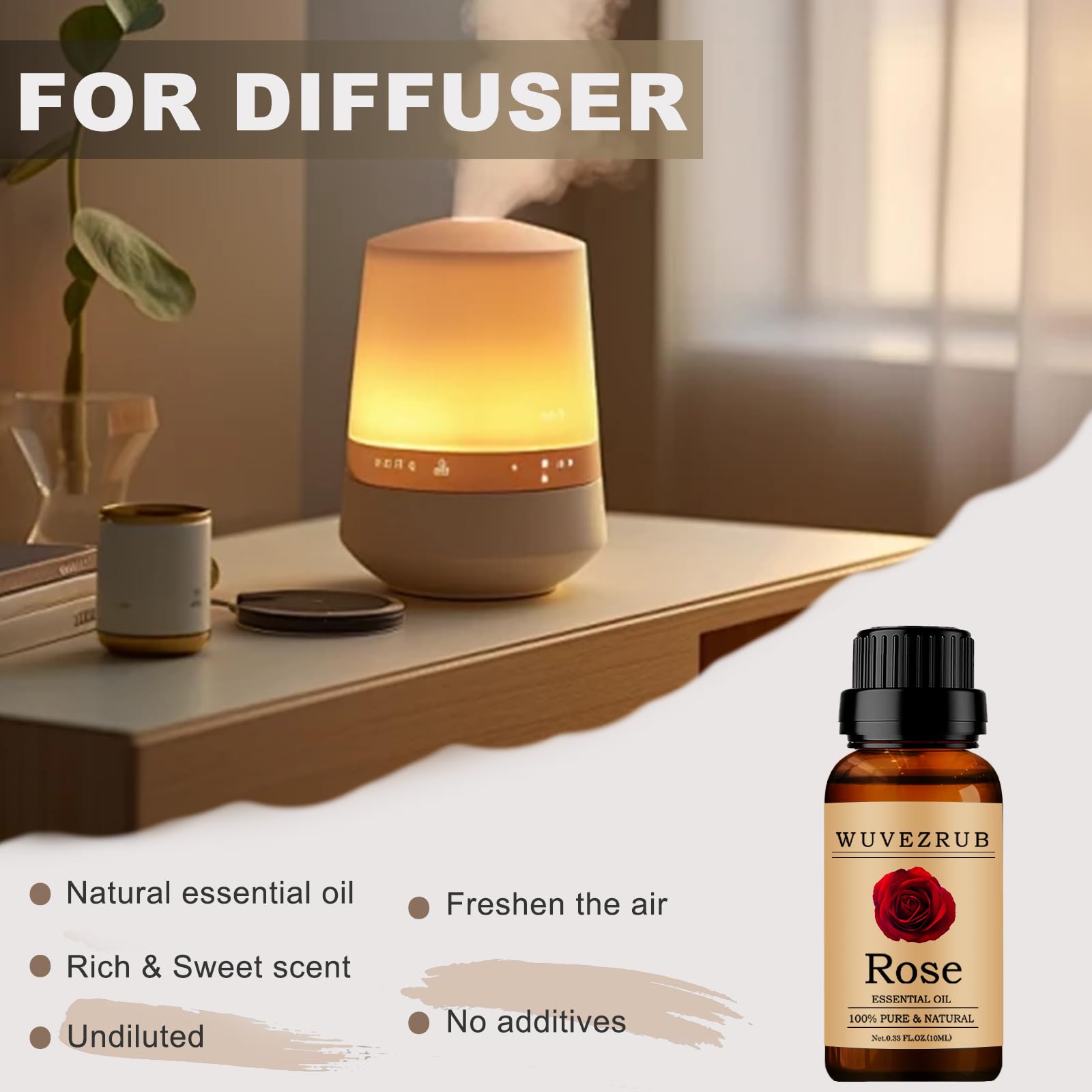 Diffuser with rose essential oil droplets