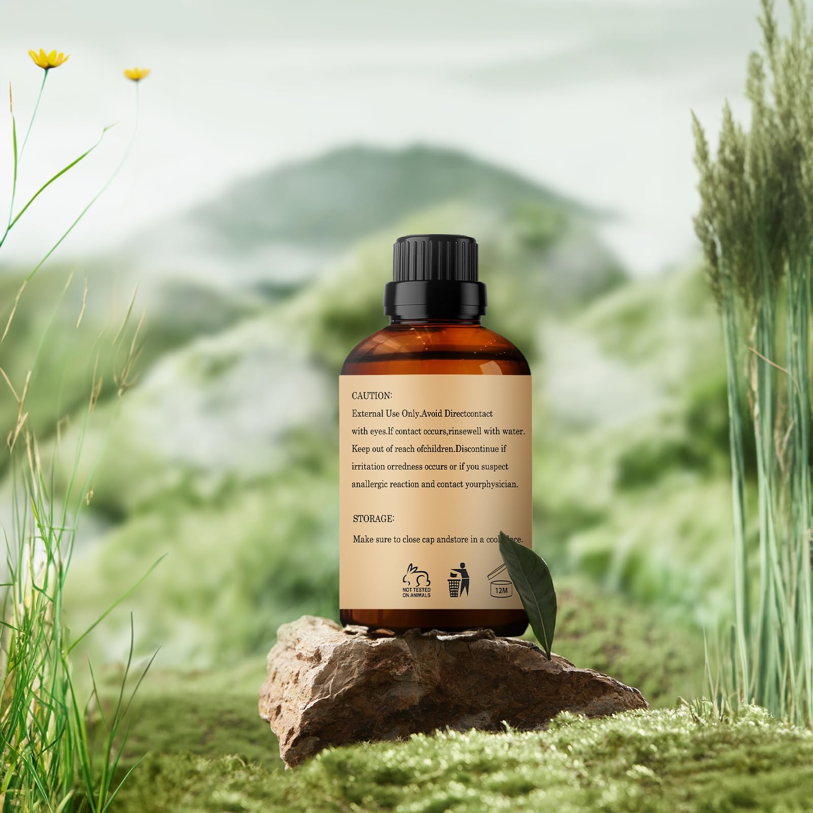 Close-up of Wuvezrub sage essential oil bottle