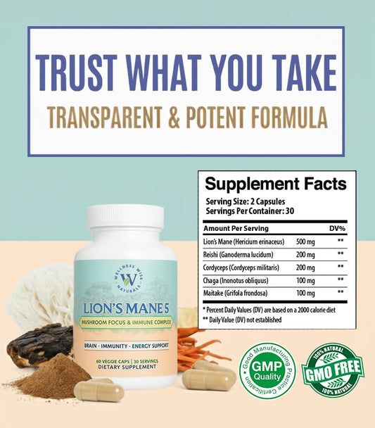 Wellness Wise Naturals Lion's Mane 5-Mushroom Complex bottle back label