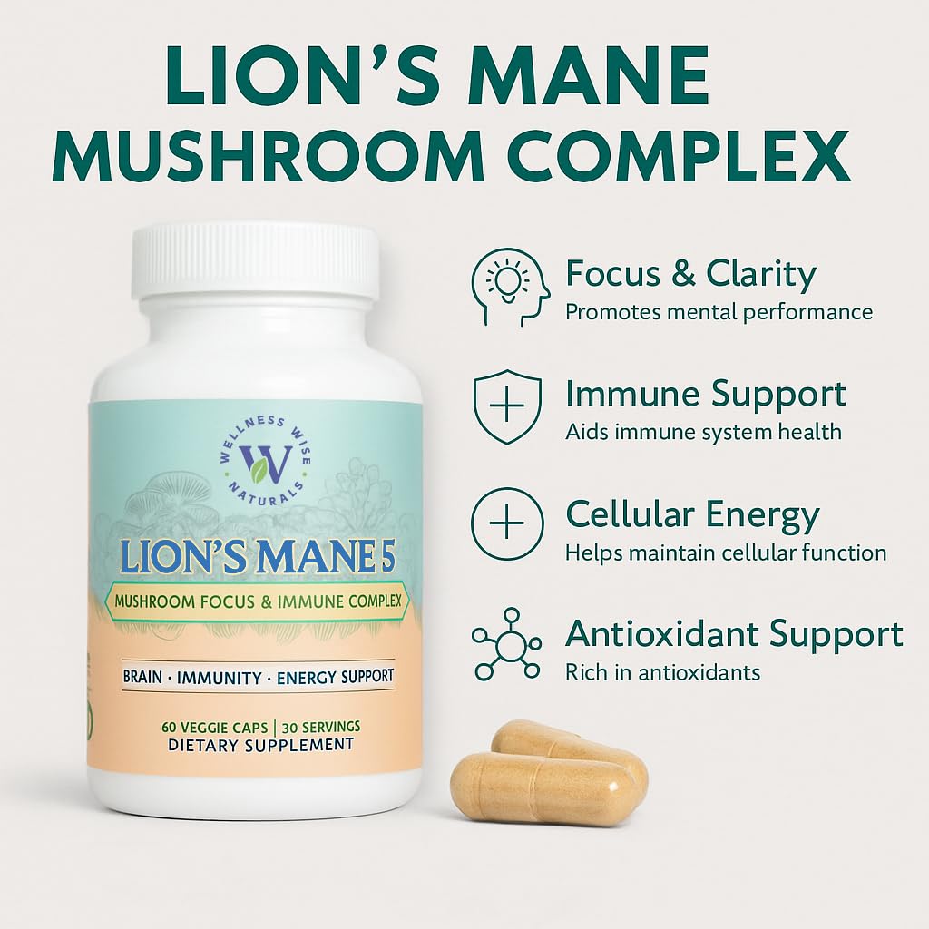 Ingredients panel showing Lion's Mane, Reishi, Cordyceps, Chaga, Maitake