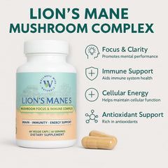 Ingredients panel showing Lion's Mane, Reishi, Cordyceps, Chaga, Maitake