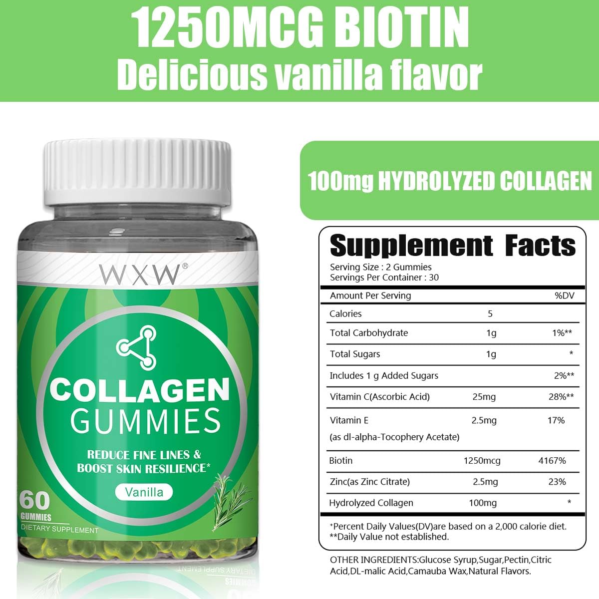 Close-up of ingredients: hydrolyzed collagen, biotin, zinc, and vitamins C & E