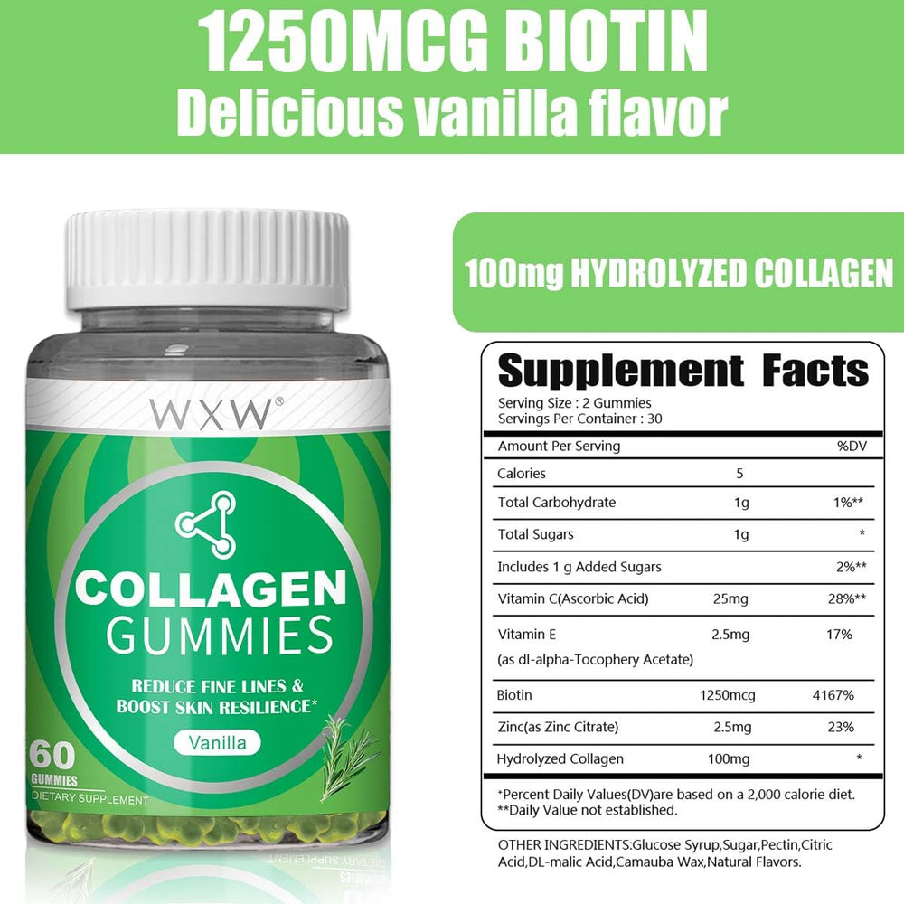 Close-up of ingredients: hydrolyzed collagen, biotin, zinc, and vitamins C & E