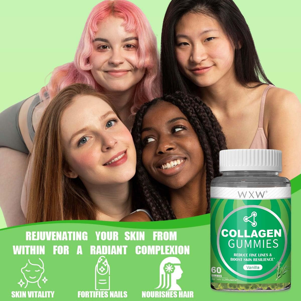 Packaging image showing the 60-count bottle of WXW Hydrolyzed Collagen Gummies for Women
