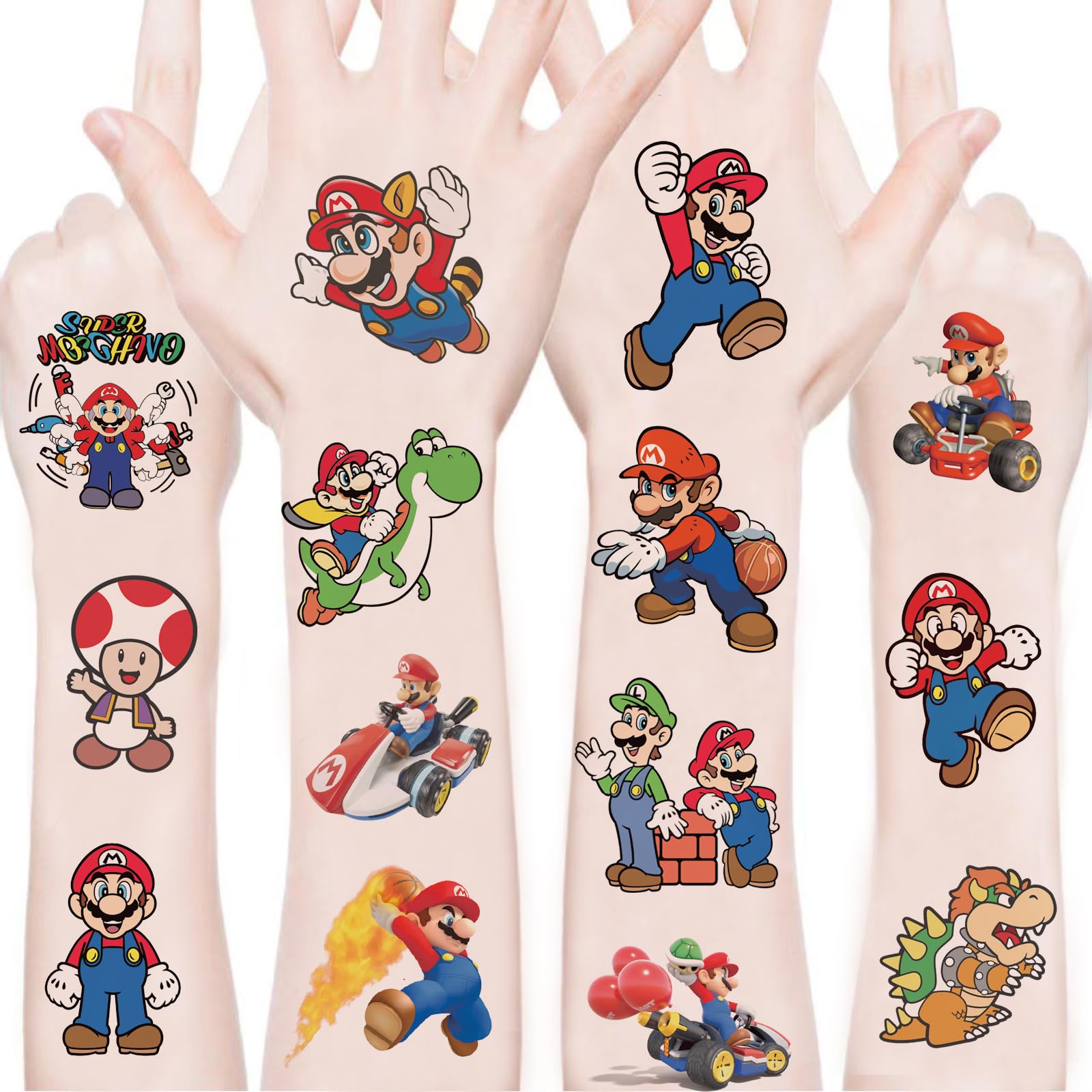 WYKDAG Mario tattoo designs collection: vibrant sheets for party favors and DIY decorations.